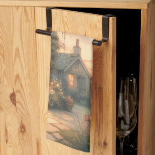 Paño De Cocina Cabaña de cuento de hadas al atardecer con Rosas