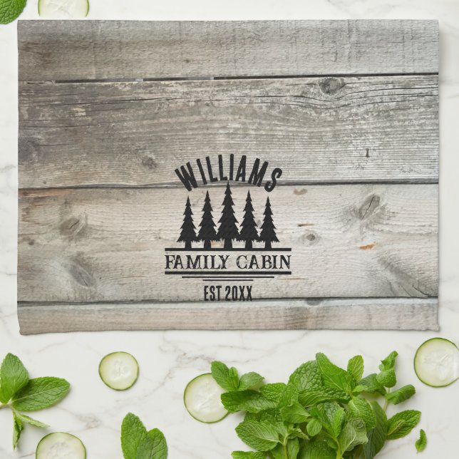 Paño De Cocina Cabaña Familiar Personalizada Bosque Rústico Nombr (Doblado)