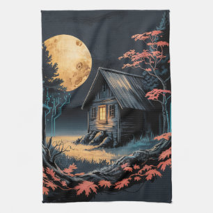 Paño De Cocina Cabaña iluminada por la luna Arte del bosque japon