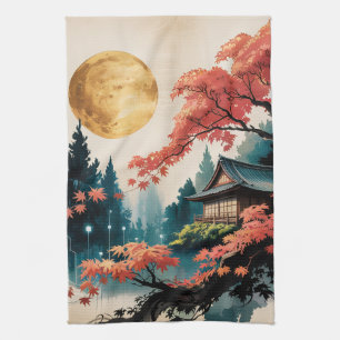 Paño De Cocina Cabaña iluminada por la luna Arte forestal japonés