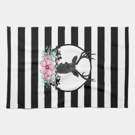 Paño De Cocina Cabeza de ciervo negro con flores y montañas rosas