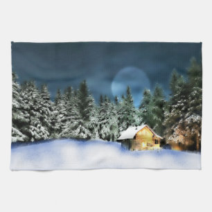 Paño De Cocina Cabina Rustic Log con Luna Llena