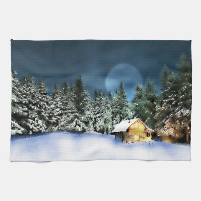 Paño De Cocina Cabina Rustic Log con Luna Llena (Horizontal)