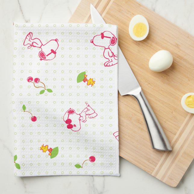 Paño De Cocina Cacahuetes | Patrón de cerezo Snoopy y Woodstock (Doblado Cuarto)