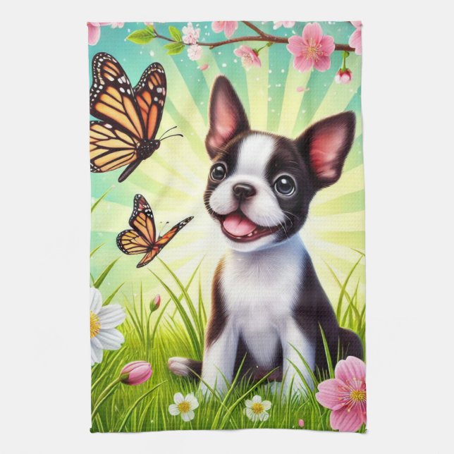 Paño De Cocina Cachorro con flores y mariposas (Vertical)