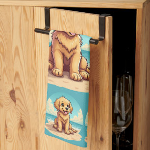 Paño De Cocina Cachorro Dorado Adorable en una Escena de Playa So