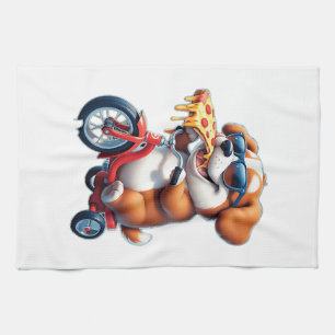 Paño De Cocina cachorro montando una bicicleta comiendo pizza