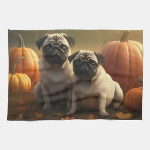 Paño De Cocina Cachorro Pug Otoño Delicia Calabaza