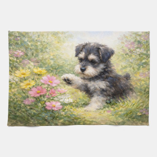 Paño De Cocina Cachorro Schnauzer Flores de Primavera (Horizontal)