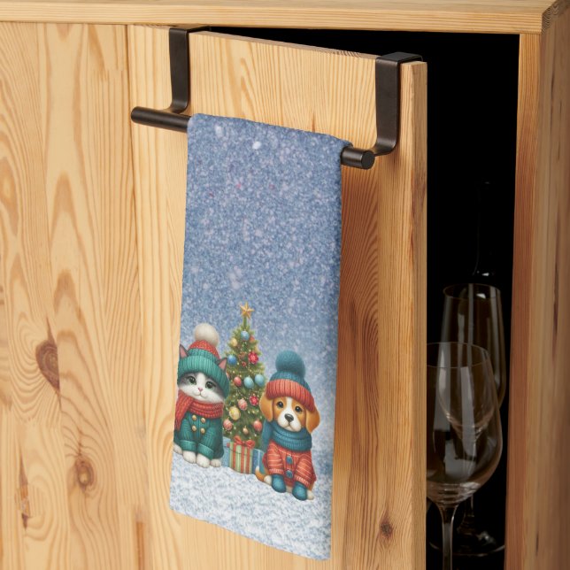 Paño De Cocina Cachorro y gatito lindos de Navidad (Pliegue de tercios)
