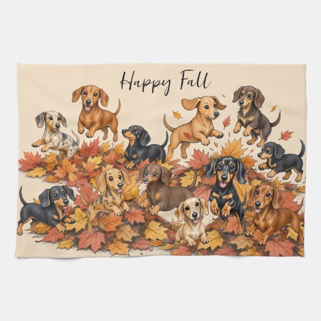 Paño De Cocina Cachorros Dachshund de Otoño  (Horizontal)