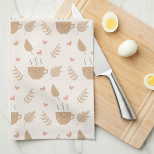 Paño De Cocina Café kawaii y hojas patrón otoño
