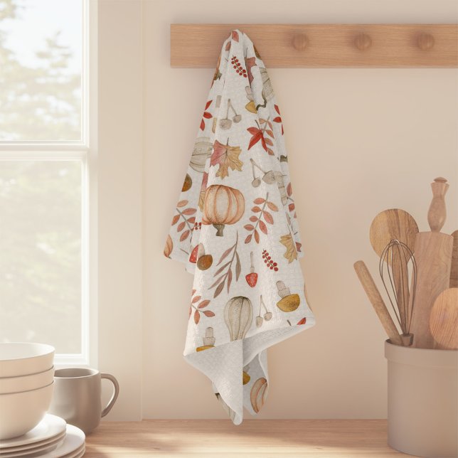 Paño De Cocina Caída de acuarela otoño deja calabaza de hongos (Watercolor Fall Autumn Leaves Mushroom Pumpkin Kitchen Towel)