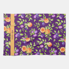 Paño De Cocina Caída Peaches Plumas Naranja Verde Morado Fruta