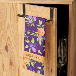 Paño De Cocina Caída Peaches Plumas Naranja Verde Morado Fruta