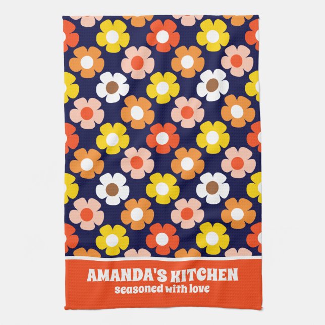 Paño De Cocina Caída Retro Flores de Otoño Patrón Azul (Vertical)