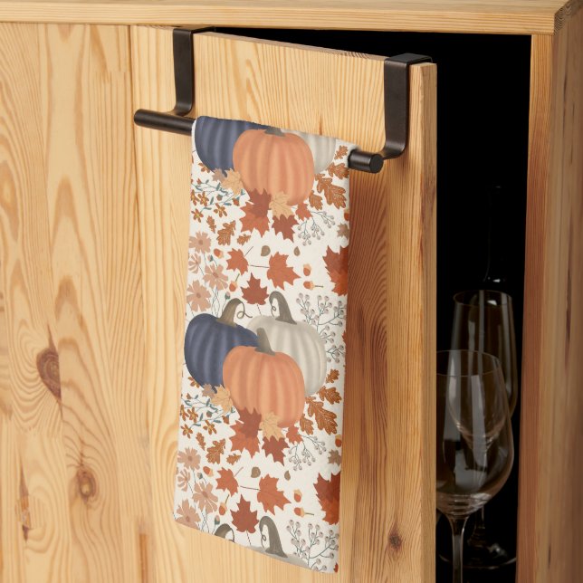 Paño De Cocina Caída Rustica Calabazas de otoño flores silvestres (Pliegue de tercios)