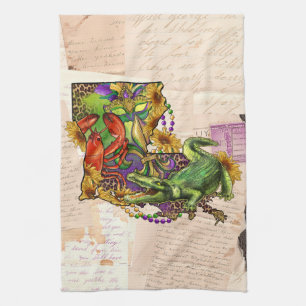 Paño De Cocina Cajun Louisiana Mapa de cosecha y lagarto