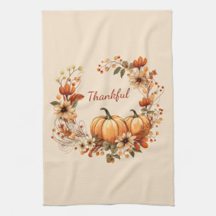 Paño De Cocina Calabaza agradecida y flores de otoño