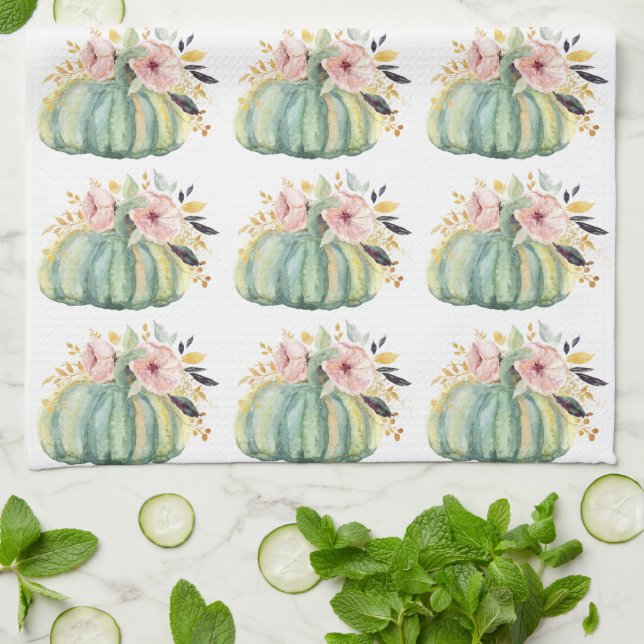 Paño De Cocina Calabaza azul caída floral acuarela elegante rosa (Doblado)