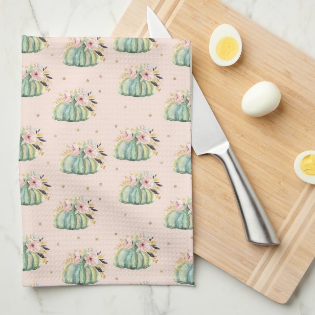 Paño De Cocina Calabaza azul floral otoño acuático elegante otoño (Doblado Cuarto)