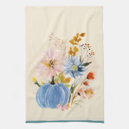 Paño De Cocina Calabaza Azul y Acuarela de Flores Silvestres | Fl