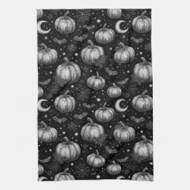 Paño De Cocina Calabaza de Halloween en blanco y negro, murciélag