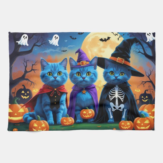 Paño De Cocina Calabaza de los gatos azules rusos Halloween es di (Horizontal)