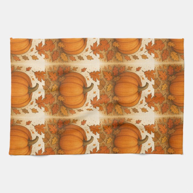 Paño De Cocina Calabaza de Otoño Dorada y hojas de caída (Horizontal)