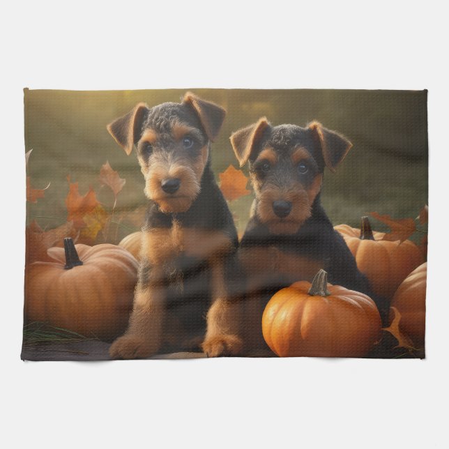Paño De Cocina Calabaza deslumbrante Airedale Puppy Autumn (Horizontal)