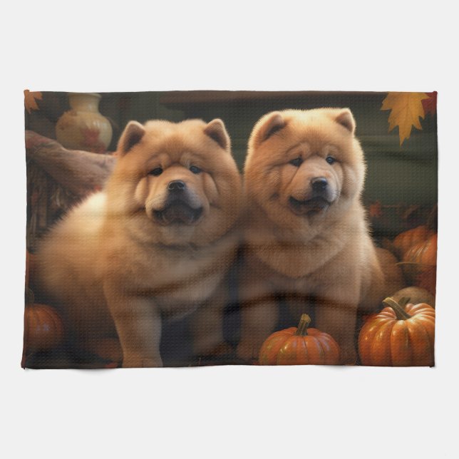 Paño De Cocina Calabaza deslumbrante Chow Chow Puppy Autumn (Horizontal)