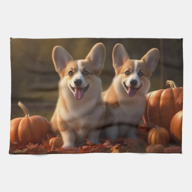 Paño De Cocina Calabaza deslumbrante Corgi Puppy Autumn (Horizontal)