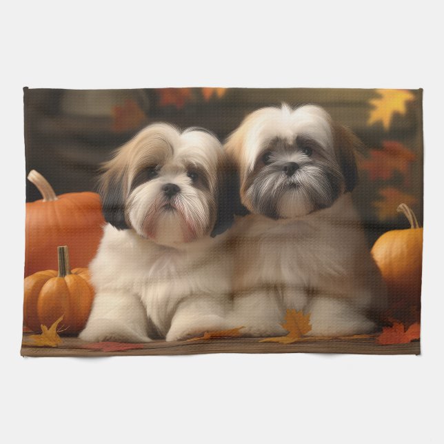 Paño De Cocina Calabaza deslumbrante Lhasa Apso Puppy Autumn (Horizontal)