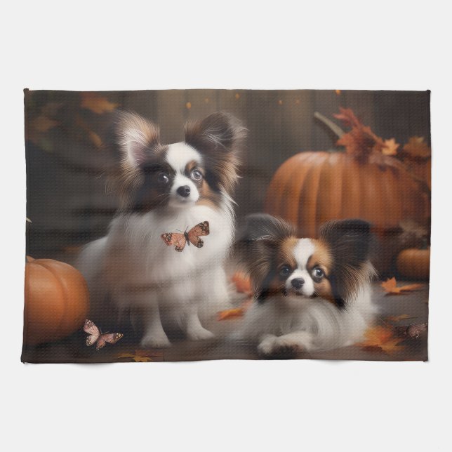 Paño De Cocina Calabaza deslumbrante Papillon Puppy Autumn (Horizontal)
