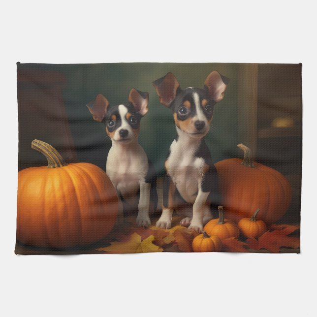 Paño De Cocina Calabaza deslumbrante Rat Terrier Puppy Autumn (Horizontal)