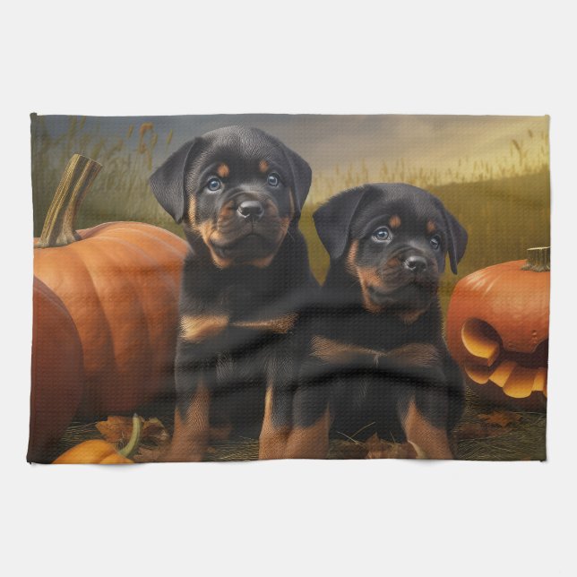 Paño De Cocina Calabaza deslumbrante Rottweiler Puppy Autumn (Horizontal)