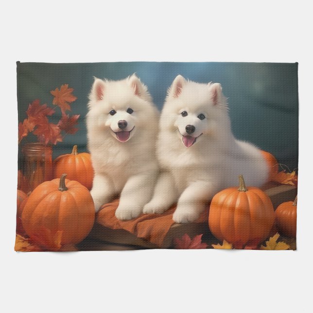 Paño De Cocina Calabaza deslumbrante Samoyed Puppy Autumn (Horizontal)