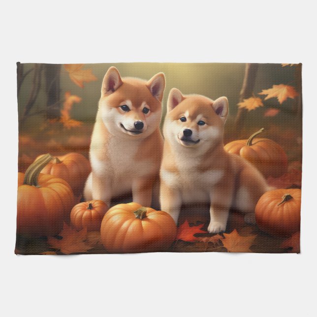 Paño De Cocina Calabaza deslumbrante Shiba Inu Puppy Otoño (Horizontal)