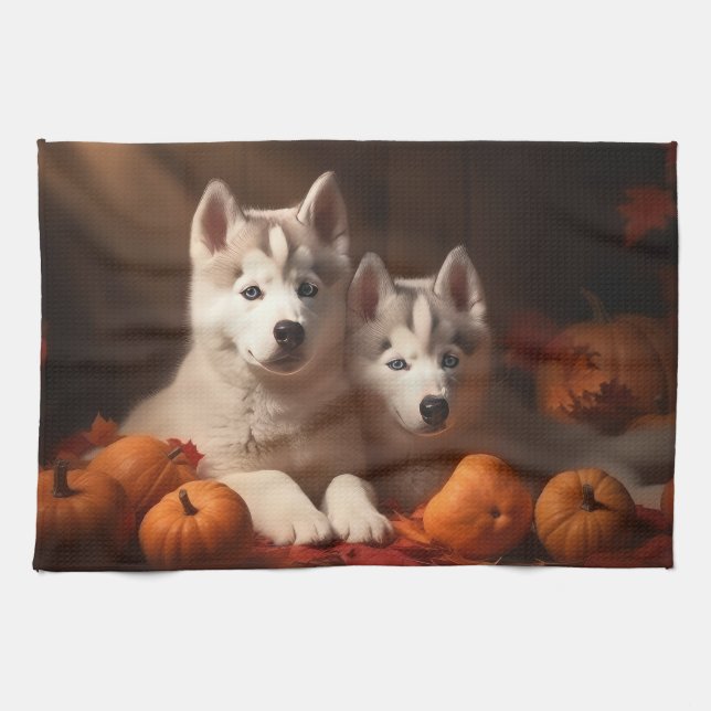 Paño De Cocina Calabaza deslumbrante siberiana Husky Puppy otoño (Horizontal)