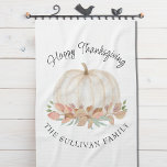 Paño De Cocina Calabaza feliz de Acción de Gracias<br><div class="desc">Esta toalla de cocina Happy Thanksgiving cuenta con una calabaza blanca de color acuático rústica y el follaje otoñal con una tipografía de escritura elegante. Personalizable fácil. Hace un gran regalo de azafata de Acción de Gracias. Acuarela original © Michele Davies.</div>