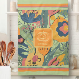 Paño De Cocina Calabaza floral de otoño en verde salvia mostaza