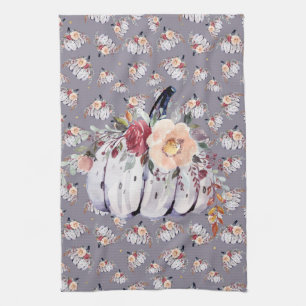 Paño De Cocina Calabaza púrpura de otoño acuarela floral gris