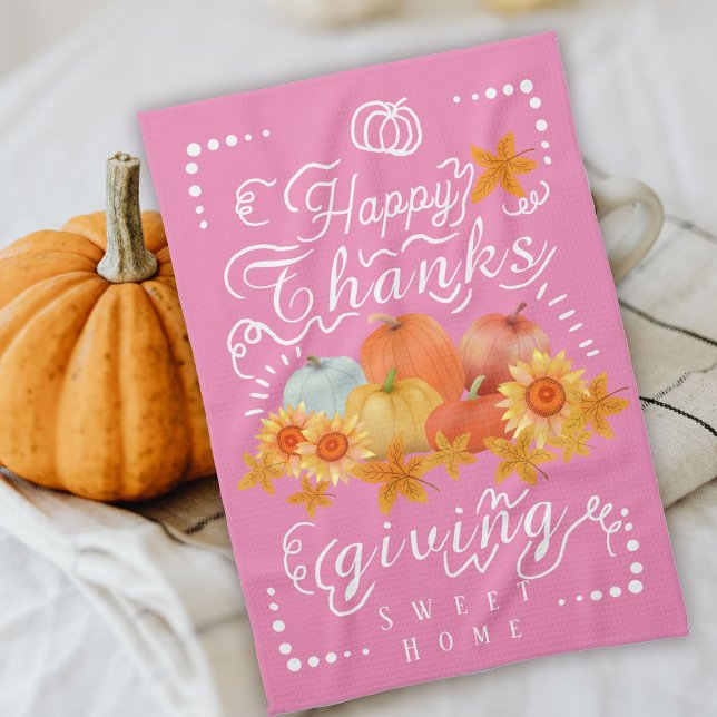 Paño De Cocina Calabaza rosa de otoño (Cheerful doodling with sweet pumpkins and sunflowers design.)