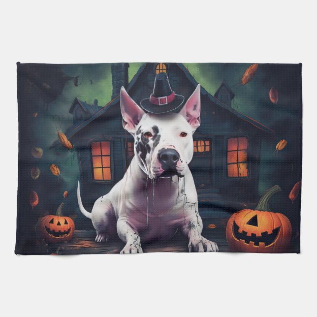 Paño De Cocina Calabazas de Bull Terrier Halloween dan miedo (Horizontal)