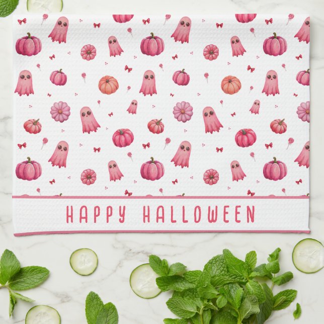 Paño De Cocina Calabazas de Halloween rosa personalizadas (Doblado)
