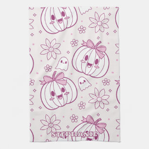Paño De Cocina Calabazas, fantasmas y flores de Kawaii