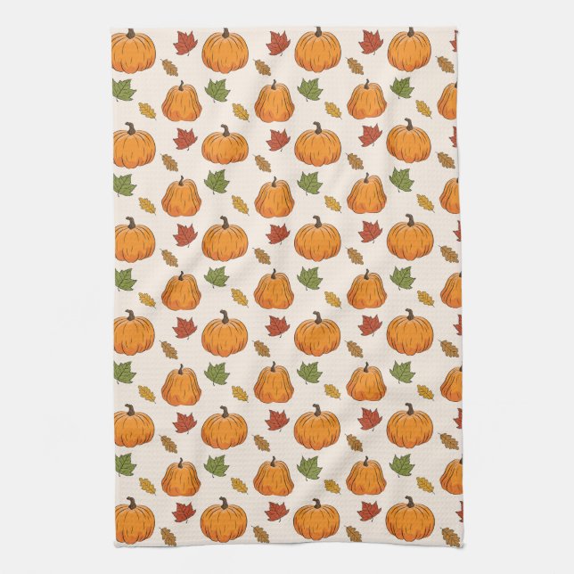 Paño De Cocina Calabazas naranjas Y Patrón De Hojas De Otoño (Vertical)