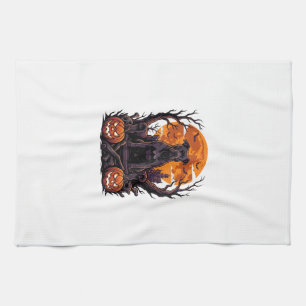 Paño De Cocina Calabazas Trono Pitbull Negro Halloween Luna Llena