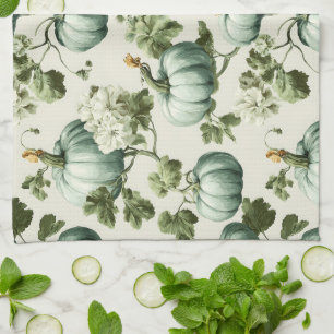 Paño De Cocina Calabazas verdes sabrosas y flores otoñales