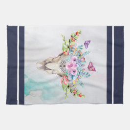 Paño De Cocina Calavera animal Boho con mariposas y flores
